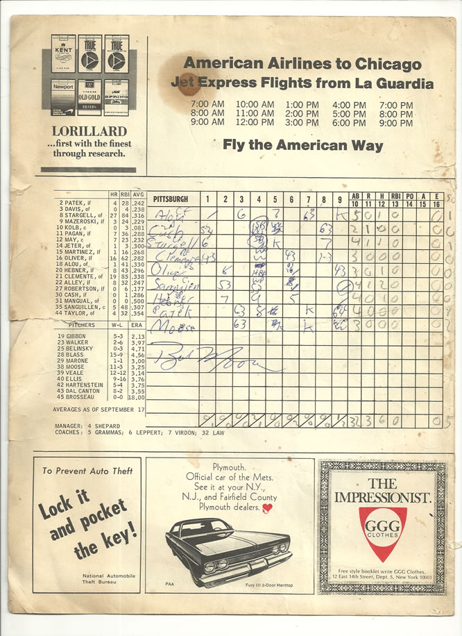 9/20/69 Bob Moose no-hitter signed scorecard